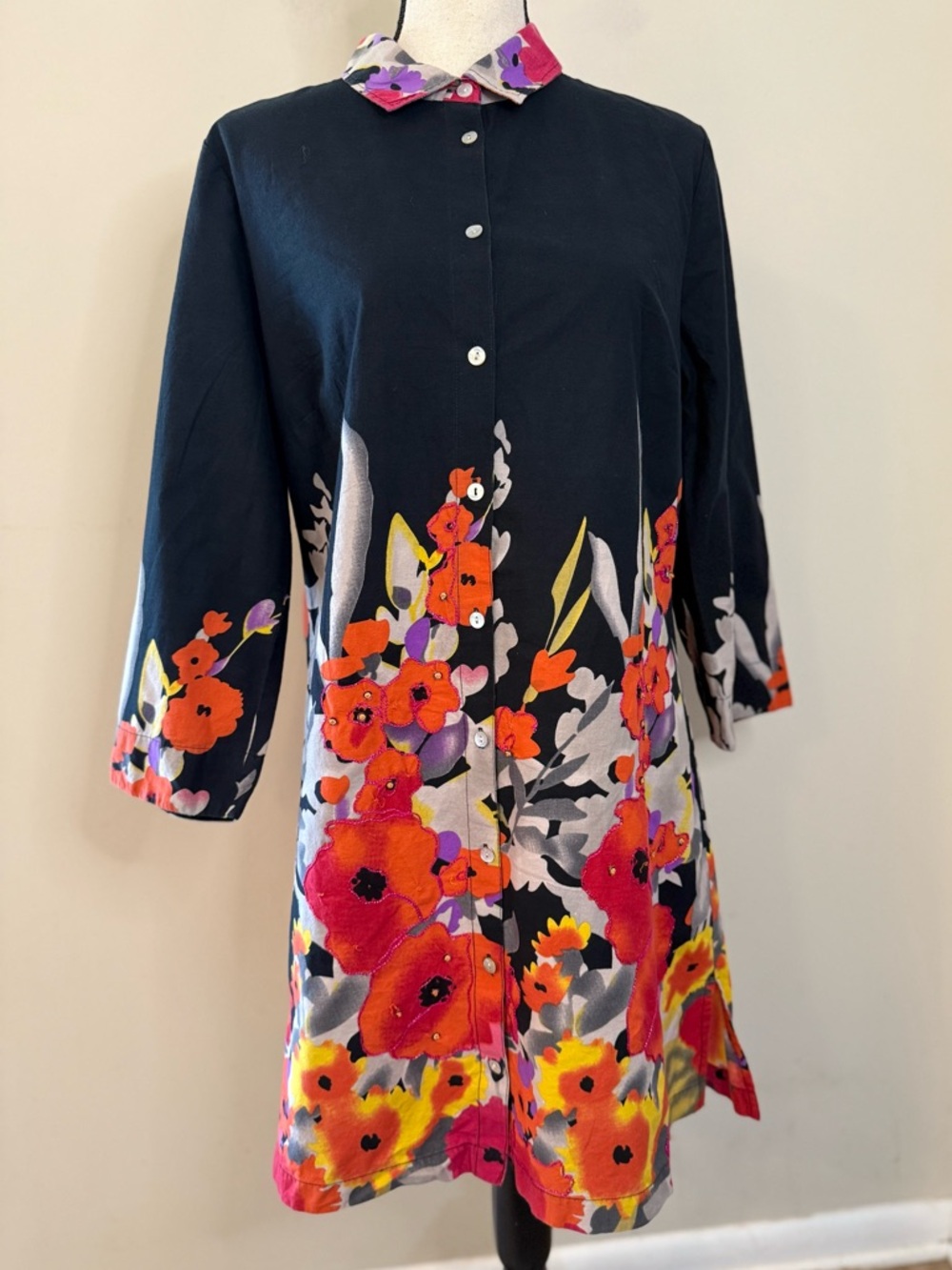 Soft Surroundings floral embellished midi shirt dress SZ SM